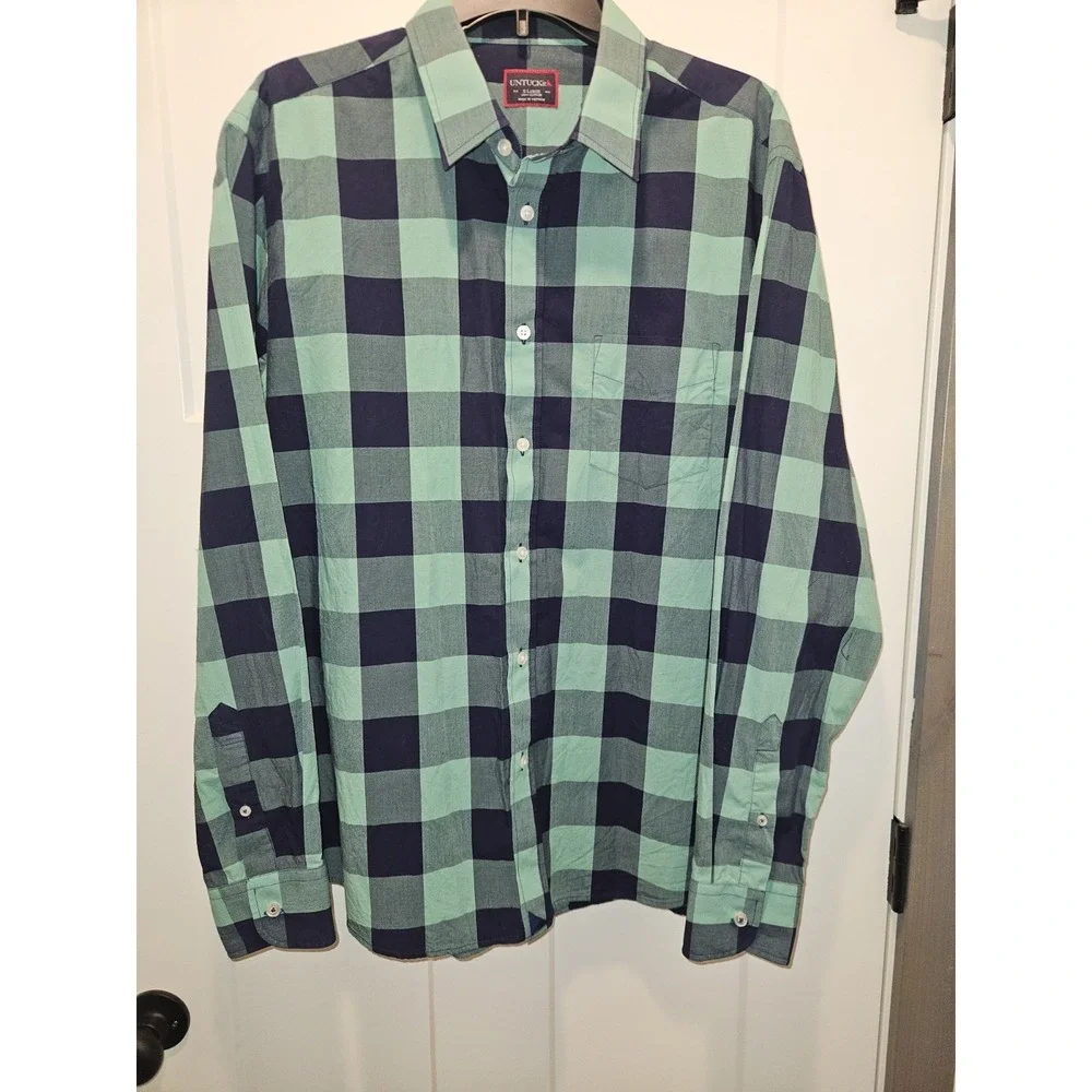 UNTUCKit Men's Plaid Green Navy Long Sleeve Button-Up Shirt XL Cotton - Picture 2 of 4